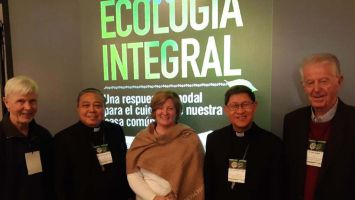 Columban representatives Scott Wright (left), Peter Hughes (right) and Amy Echeverria (center) at the Pre-Synod Conference on the Amazon at Georgetown University with Archbishop Bernardito Auza and Luis Cardinal Tagle, from Manila.